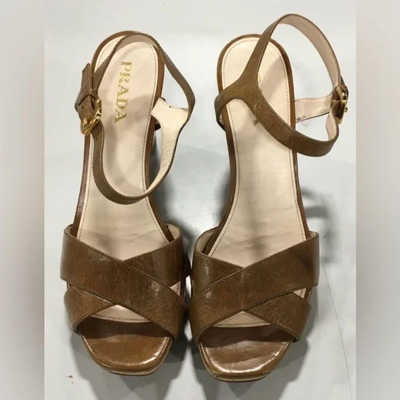 Prada, size 37.5 EU (7 US), Tan Leather Wedge Sandals, w/ Prada dust bag & COA - Picture 7 of 12
